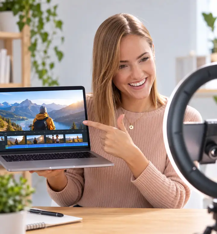 Smiling creator filming a vertical video with a ring light